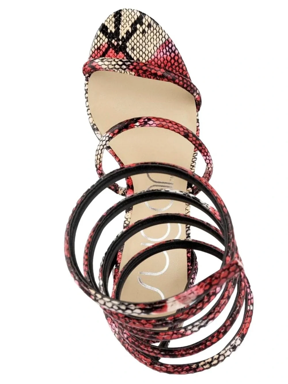 Sugar Red Snake-Print Spiraled Ankle Wrap Block Heel Sandal-New